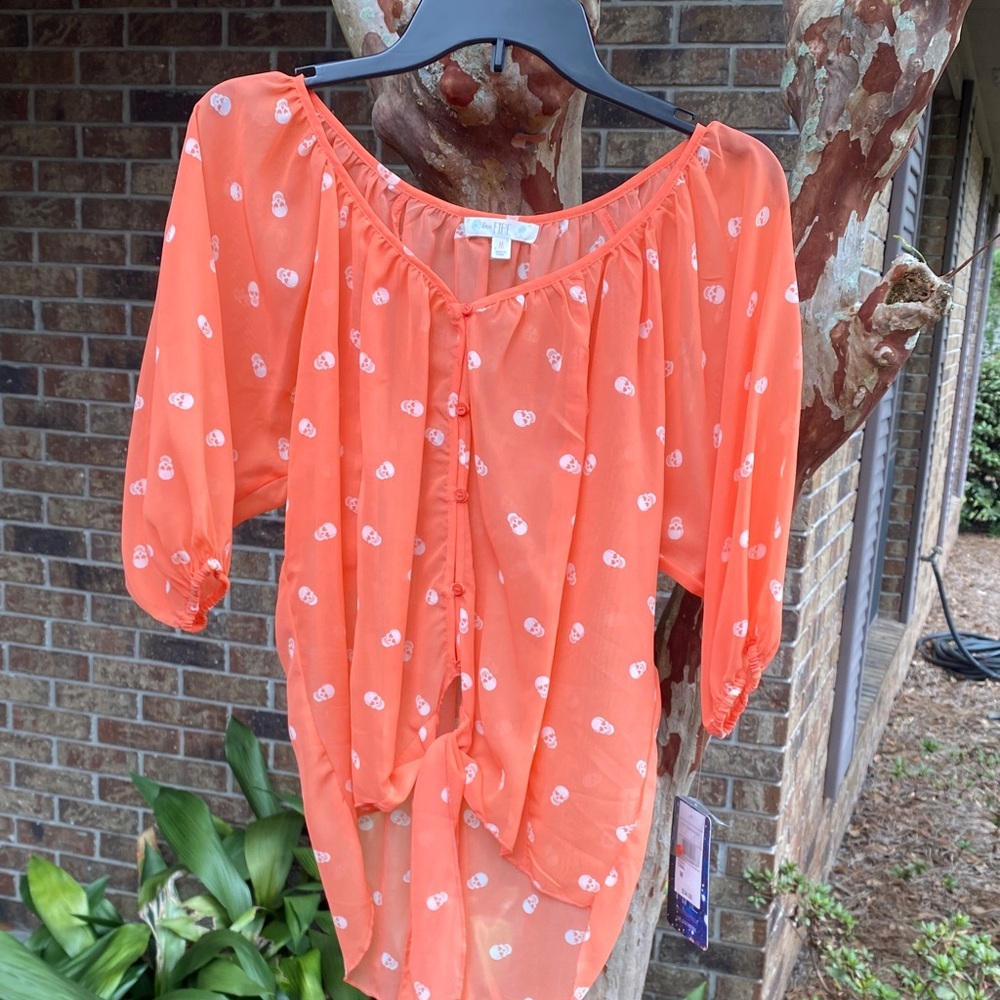 love, Fire Coral Orange Peasant Blouse with White skull 💀 print  🎃